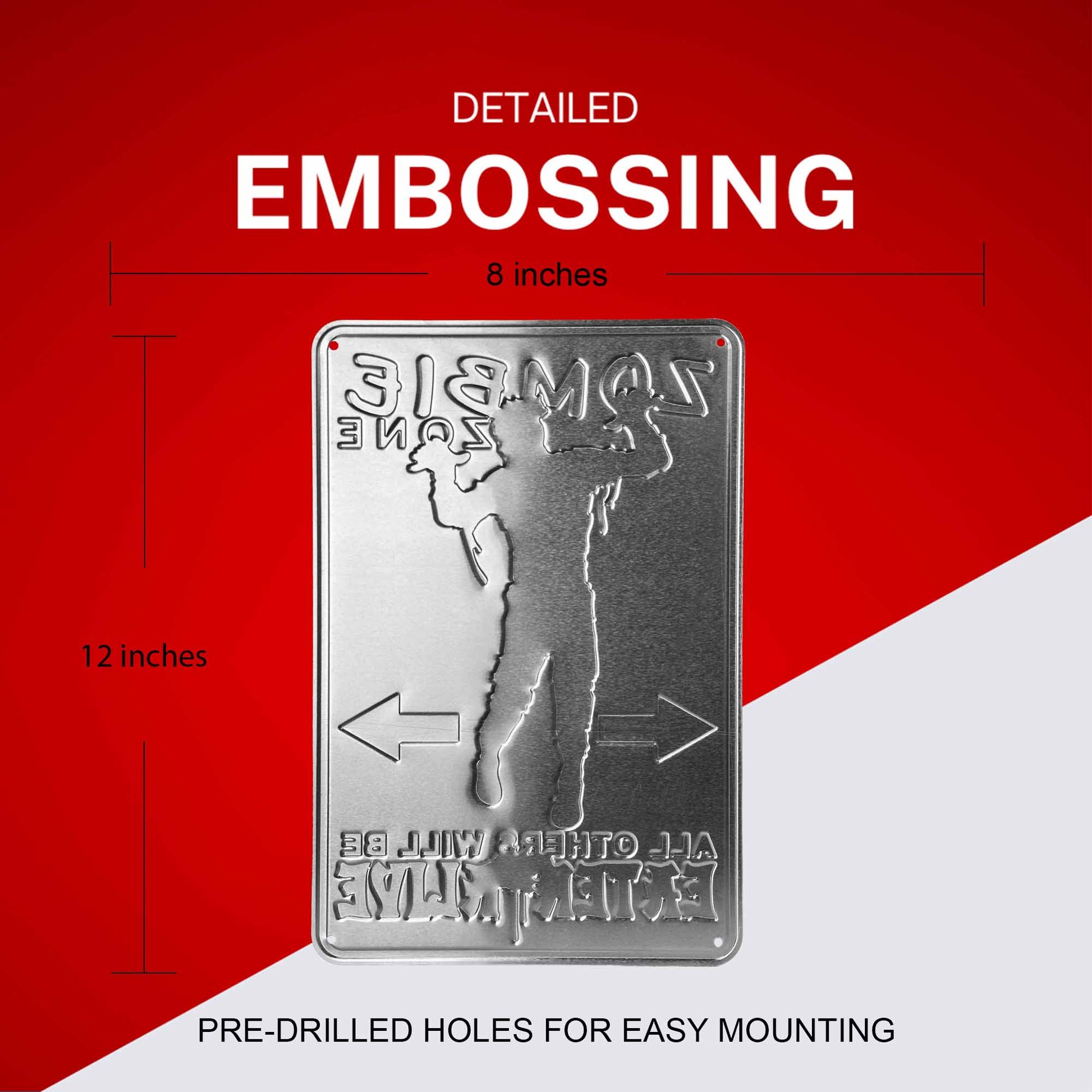 Metal sign with embossed design and dimensions on a red and white background