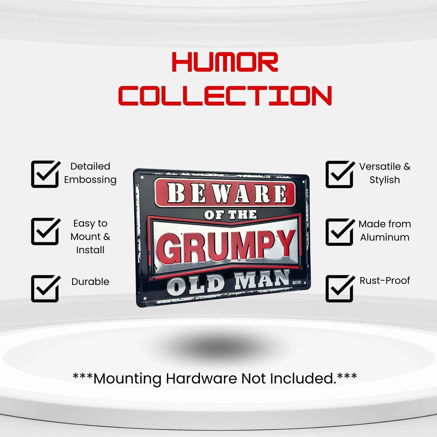 Decorative sign with 'Beware of the Grumpy Old Man' text on a white background, featuring the Humor Collection branding.