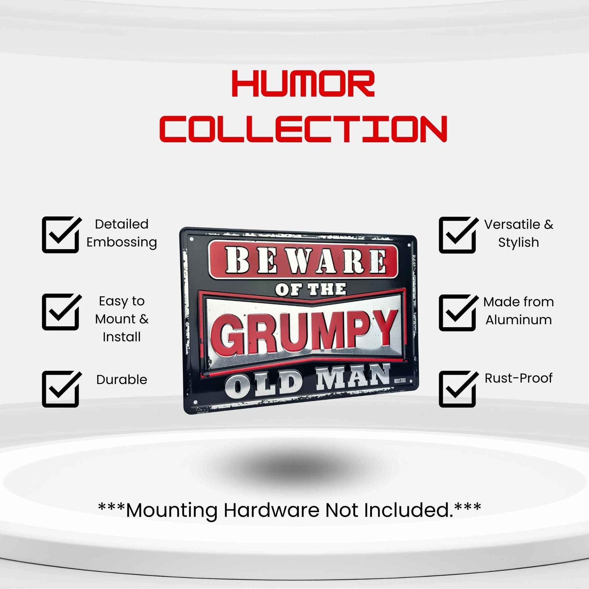 Decorative sign with 'Beware of the Grumpy Old Man' text on a white background, featuring the Humor Collection branding.