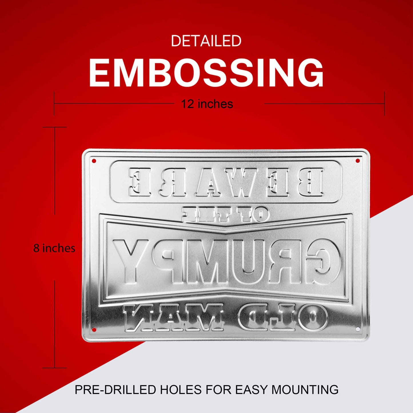 Metal sign with embossed text on a red and white background