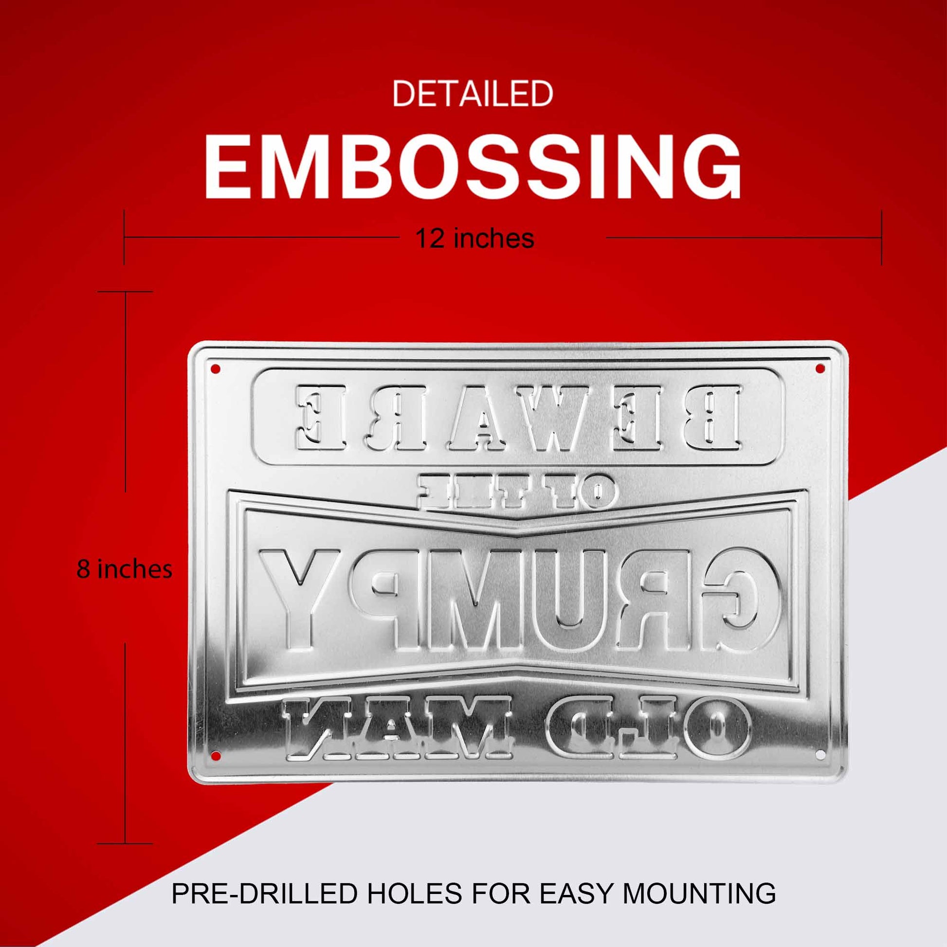 Metal sign with embossed text on a red and white background