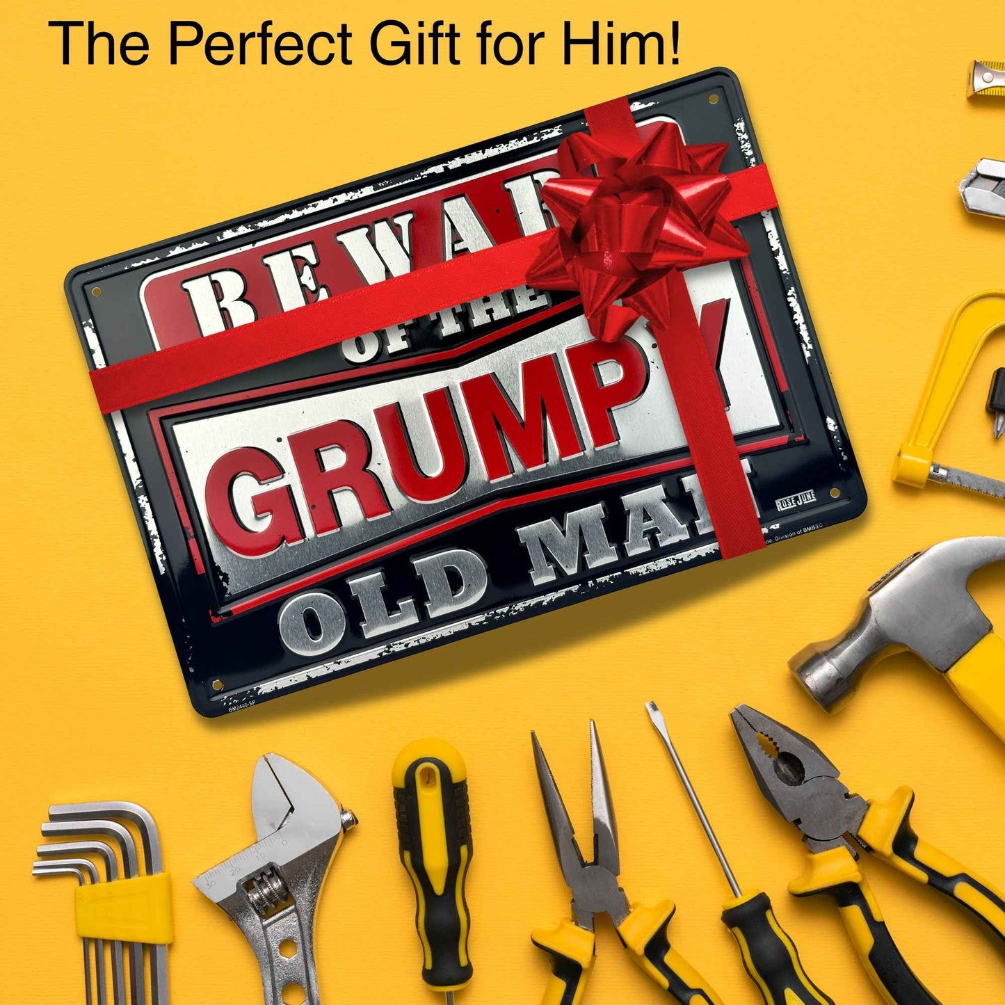 Decorative sign with 'Grumpy Old Man' text and tools on a yellow background