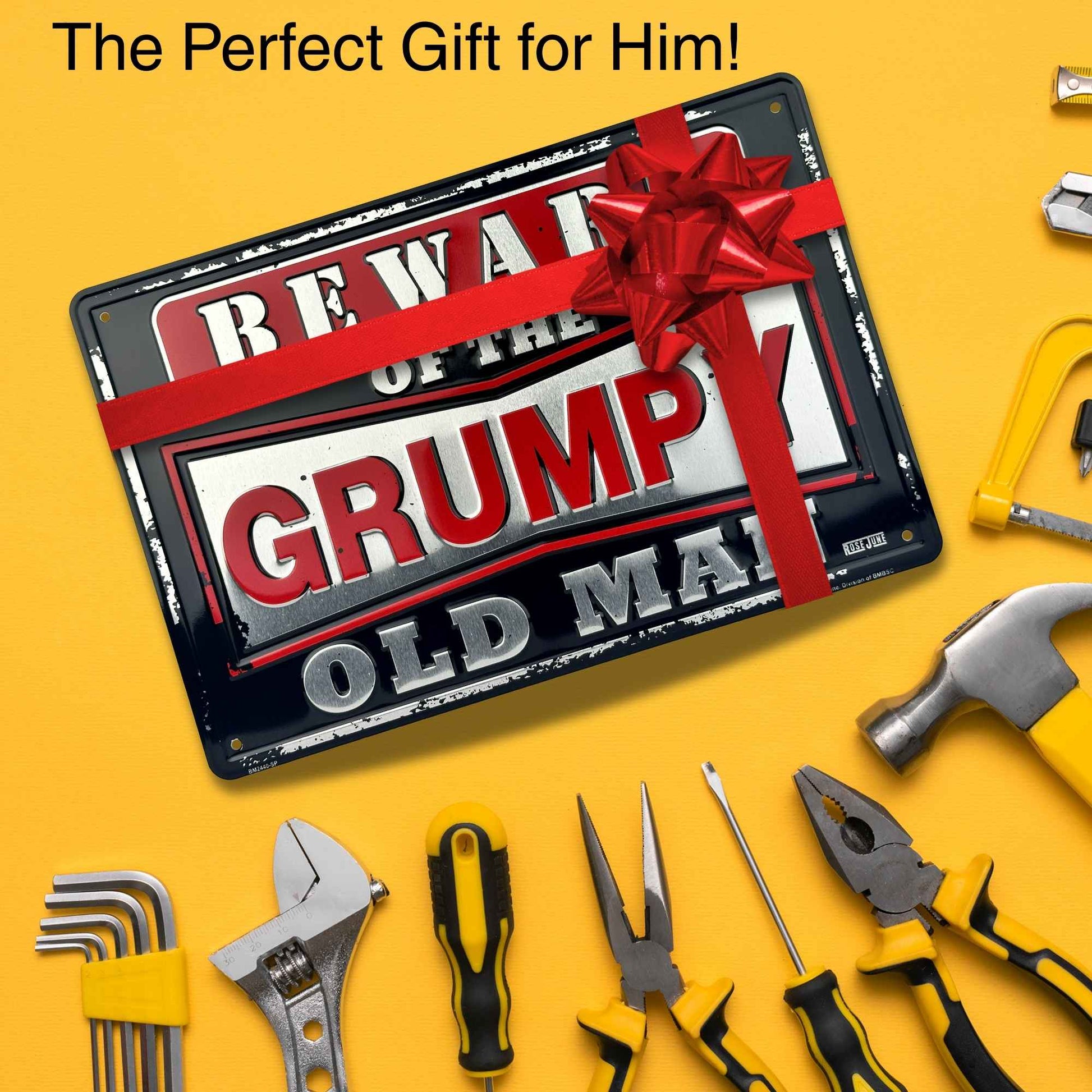 Decorative sign with 'Grumpy Old Man' text and tools on a yellow background