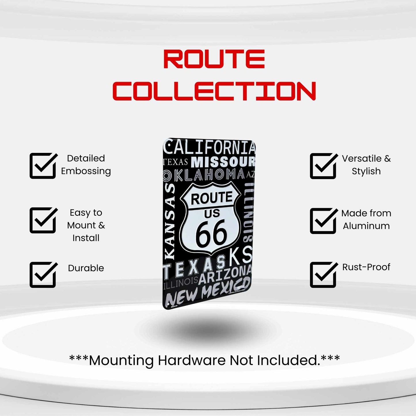 Route 66 license plate with features listed on a white background