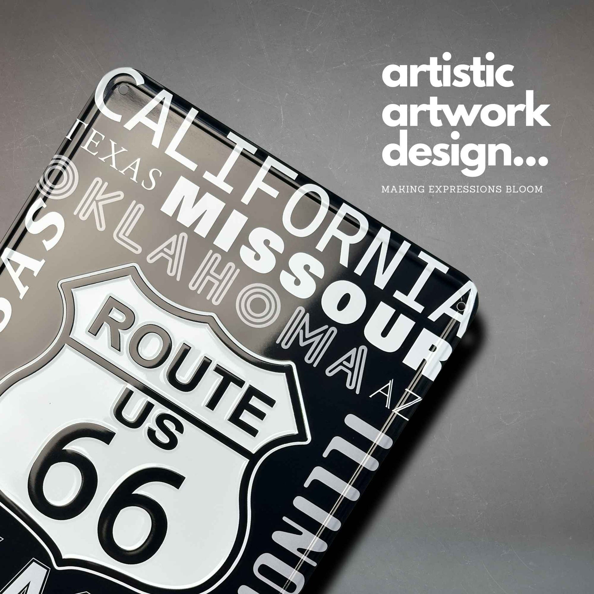 Artistic depiction of Route 66 sign with text overlay on a gray background