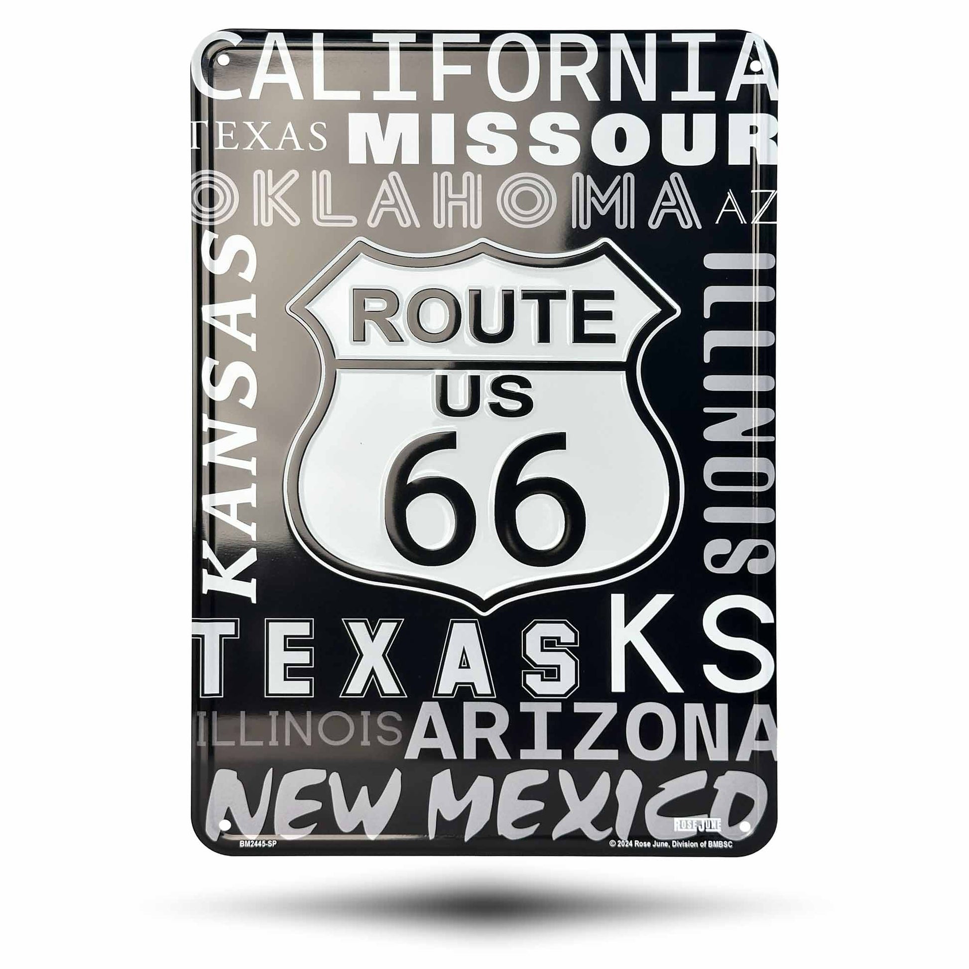 Decorative sign with Route 66 design featuring state names on a black background