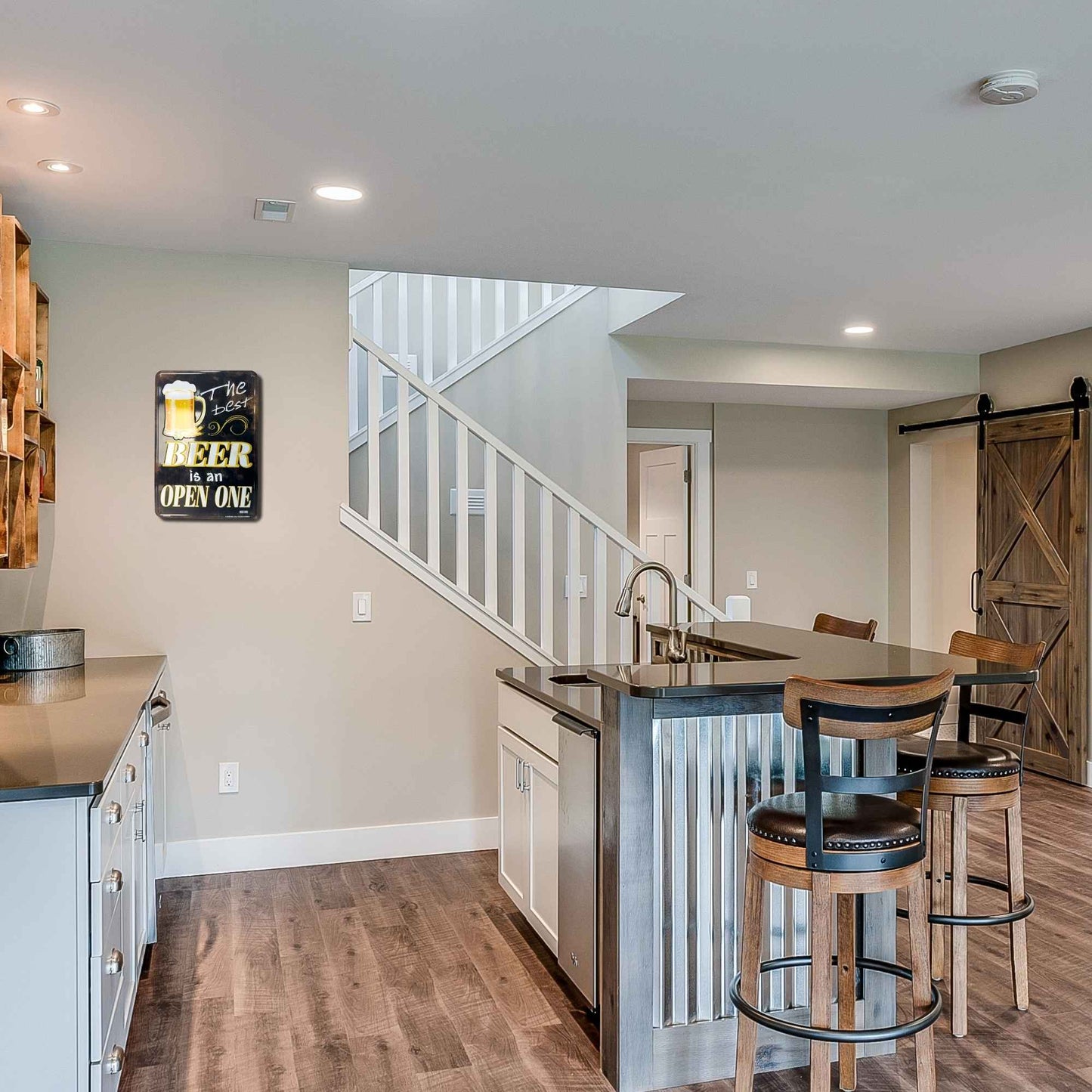 The Best Beer is an open one aluminum sign in use kitchen