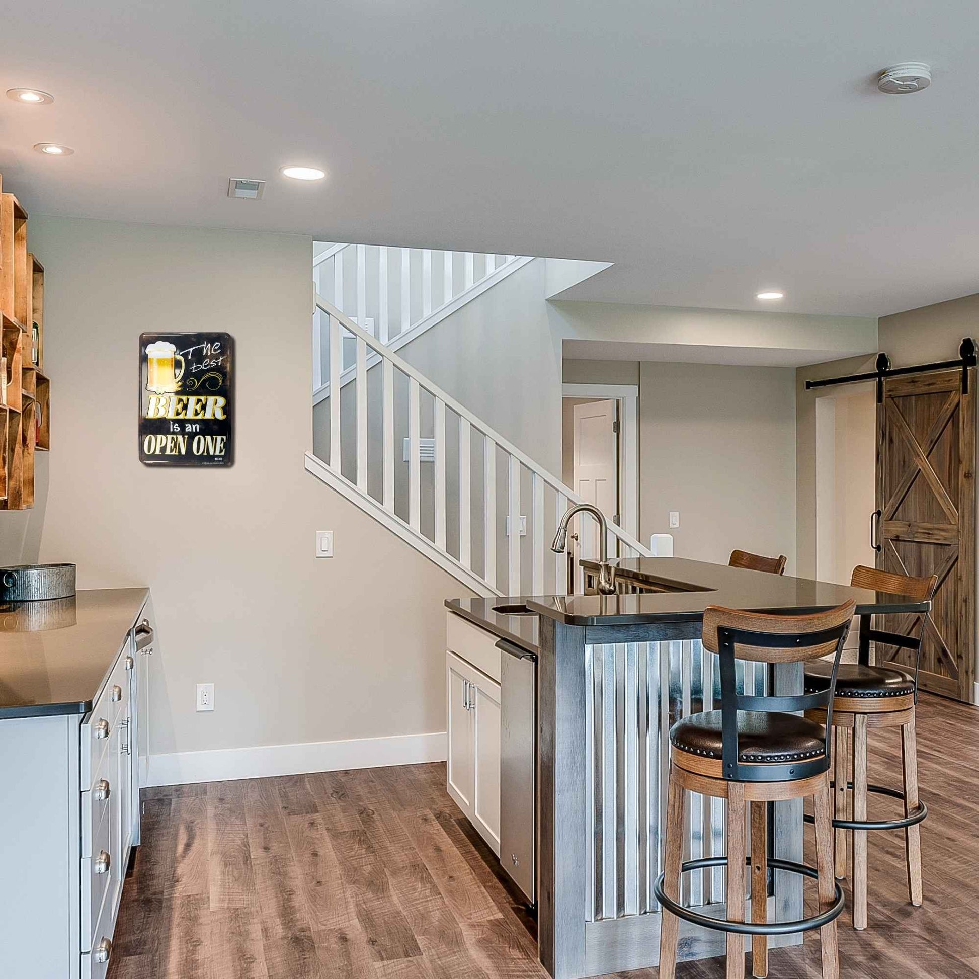 The Best Beer is an open one aluminum sign in use kitchen