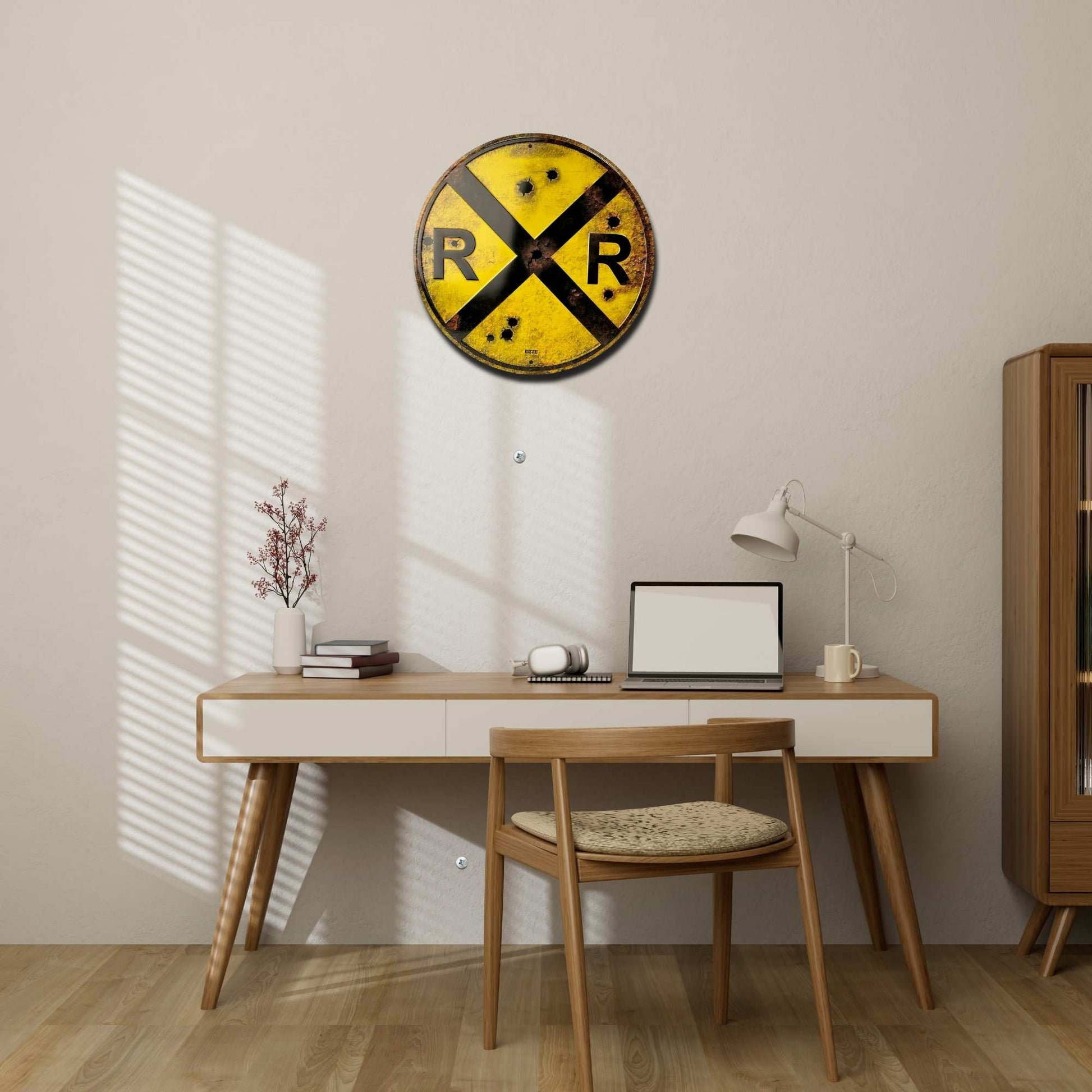 Railroad Crossing Rust Vintage Sign in use living room and desk