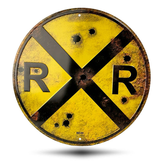 Railroad Crossing Rust Vintage Sign Front Side