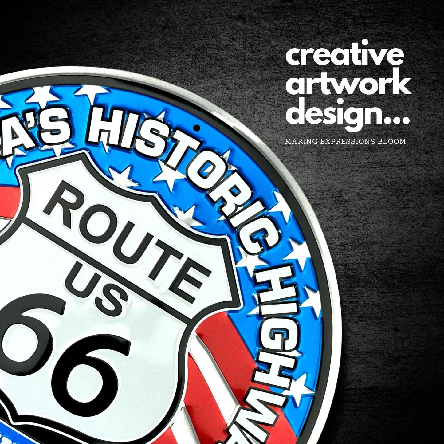 Route 66 sign with American flag design on a black background