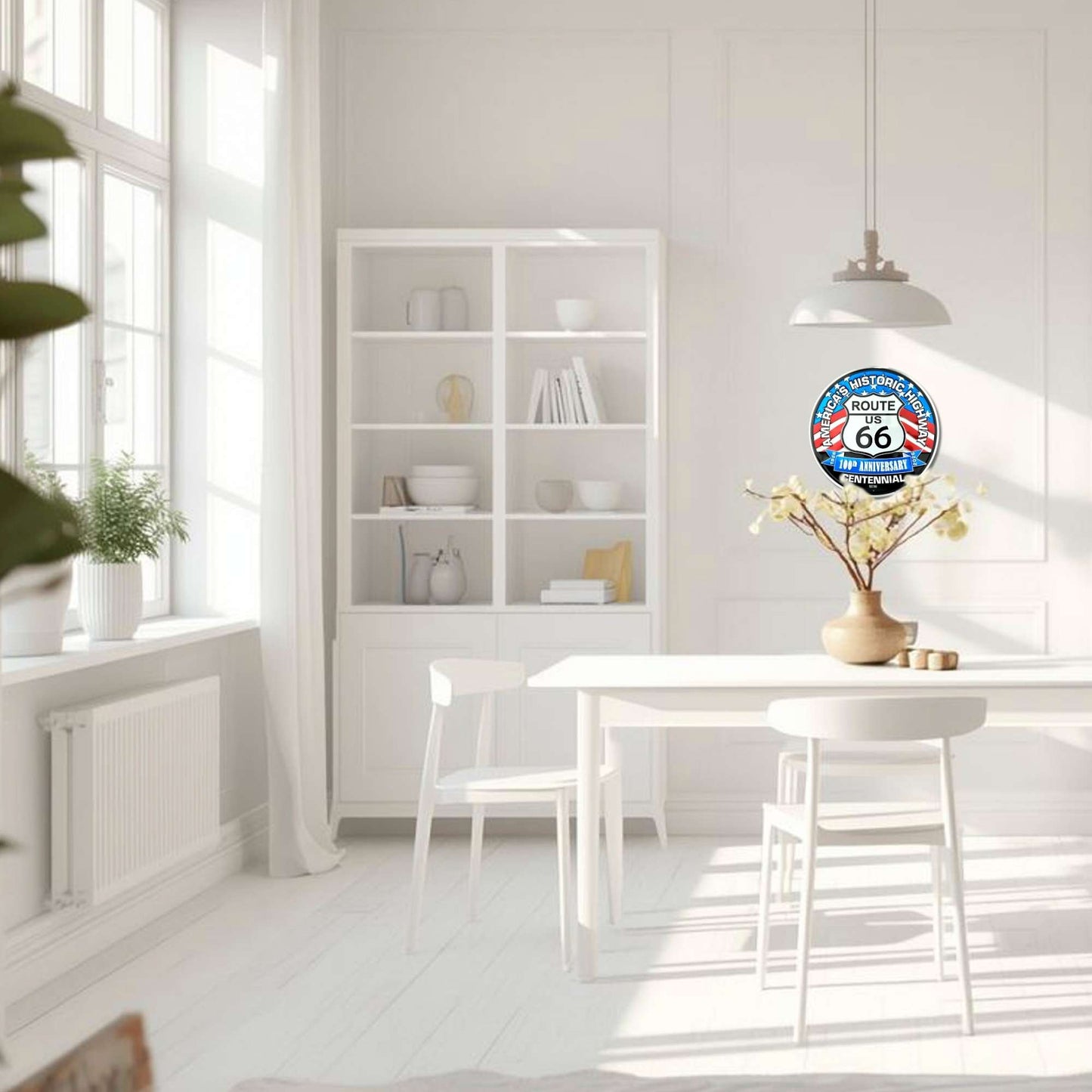 Modern white interior with a decorative clock on a table.
