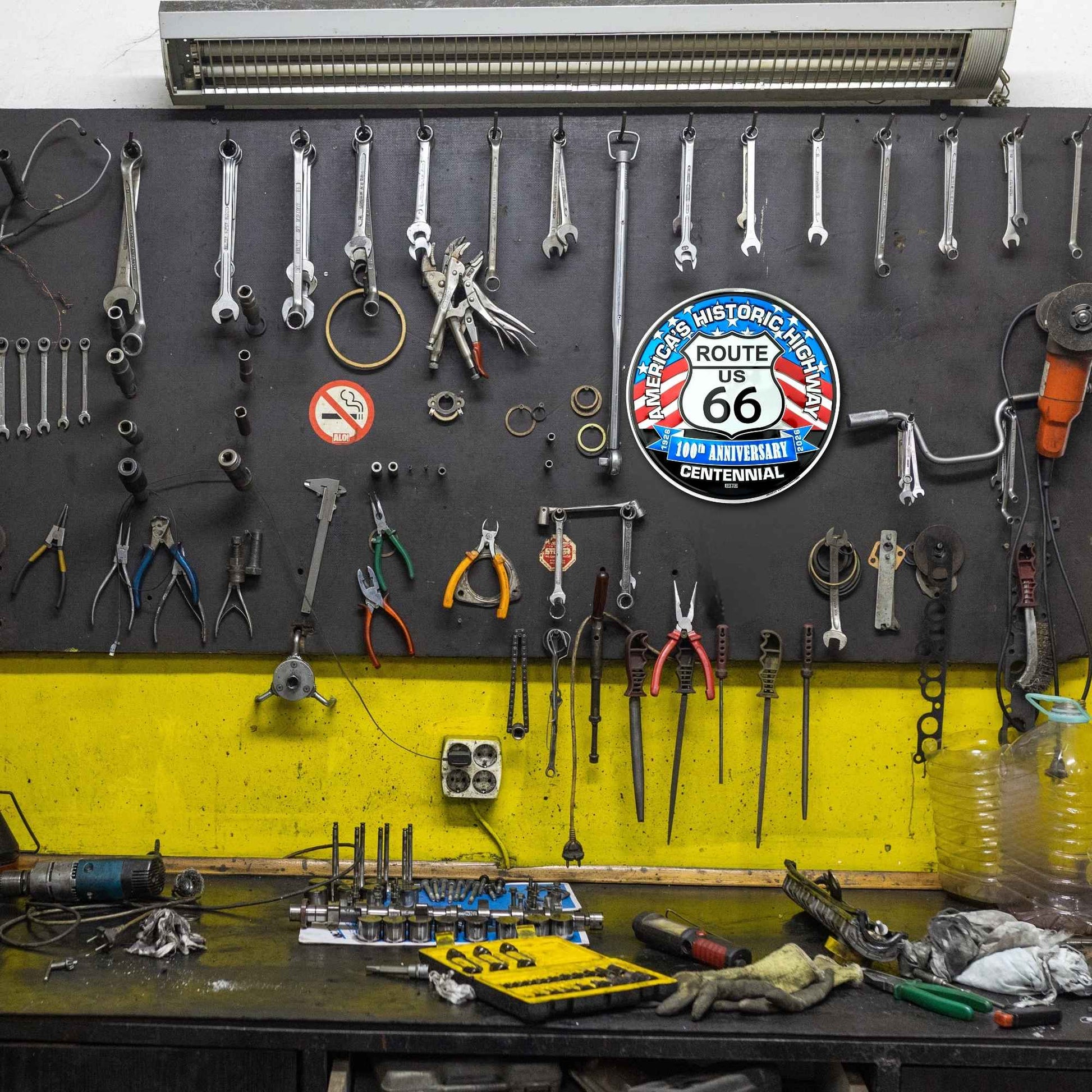 Workshop wall with tools and Route 66 sign