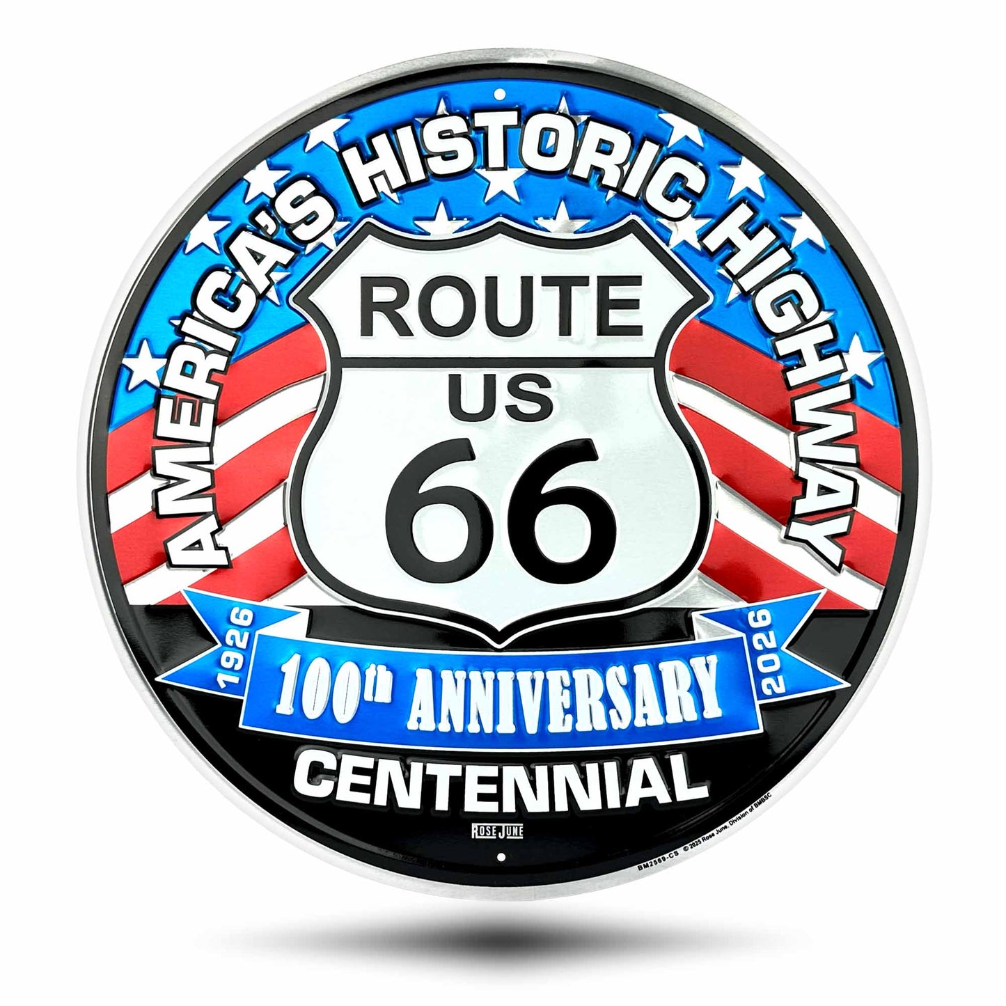 Decorative sign celebrating Route 66's 100th anniversary with American flag design.
