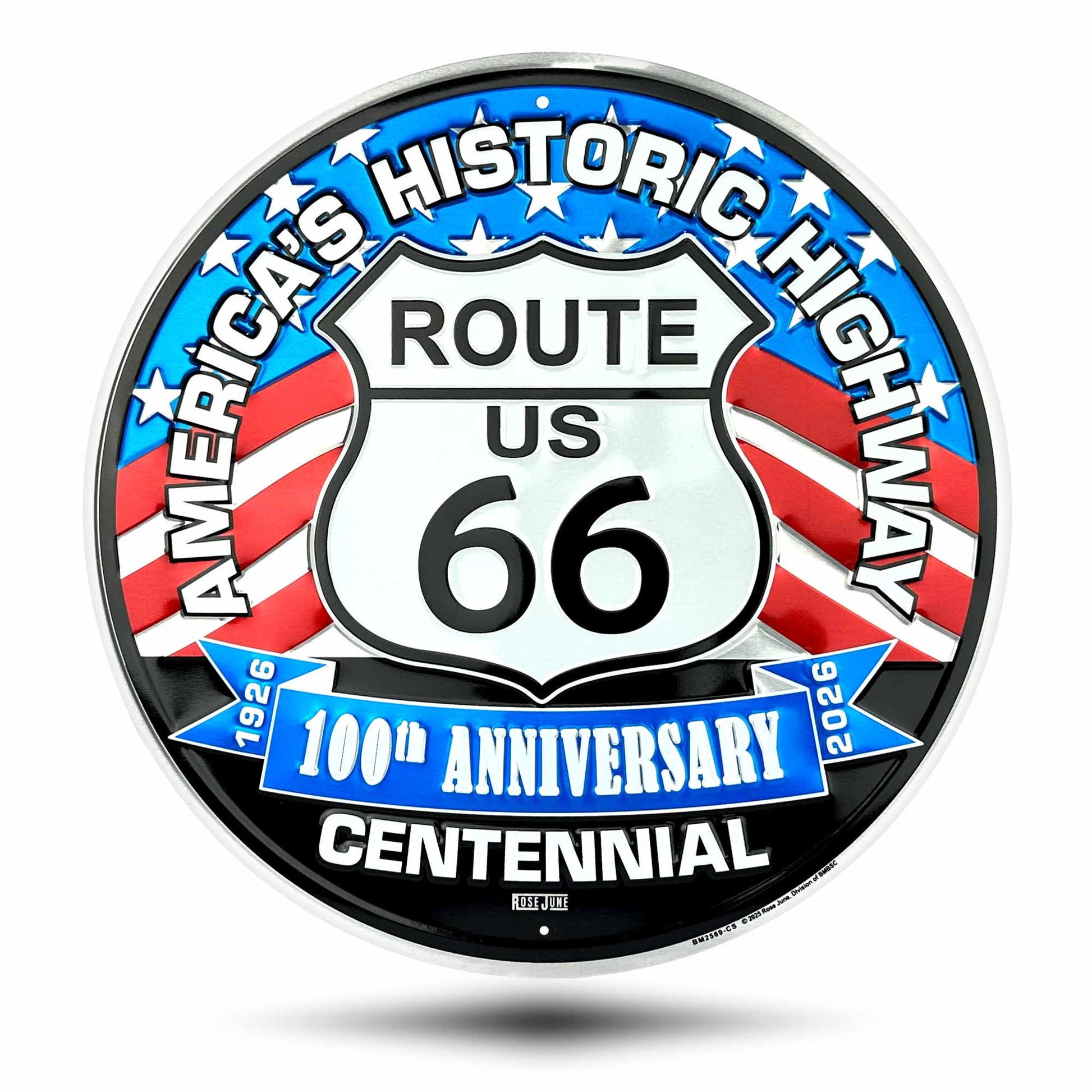 Decorative sign celebrating Route 66's 100th anniversary with American flag design.