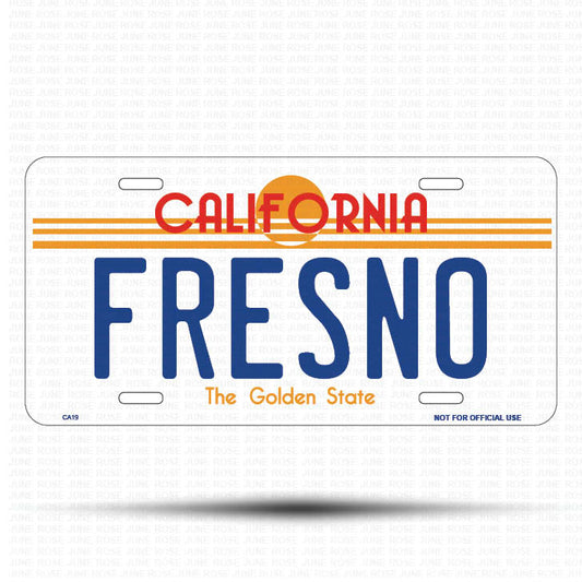 FRESNO Flat Aluminum License Plate | 6" x 12" | State Plate Front View Name Plate California Goldend State